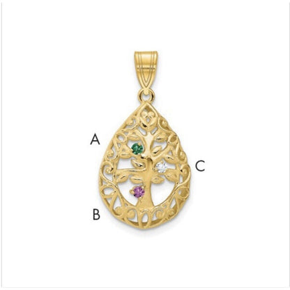 10K Yellow Gold 3 stone Diamond Tree of Life Tear Drop Pendant