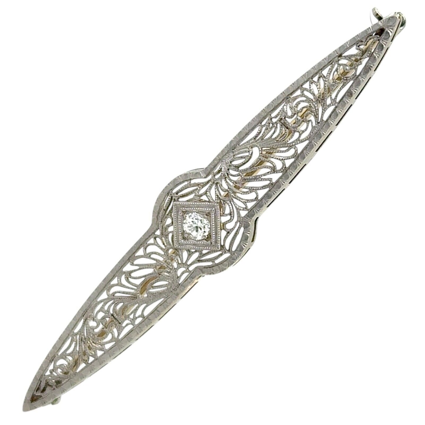 Vintage Diamond Filigree Brooch Pin 18K White Gold 2.25 Inch Elegant Design 3.8g