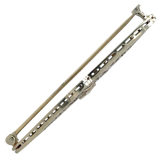 Vintage Diamond Filigree Brooch Pin 18K White Gold 2.25 Inch Elegant Design 3.8g