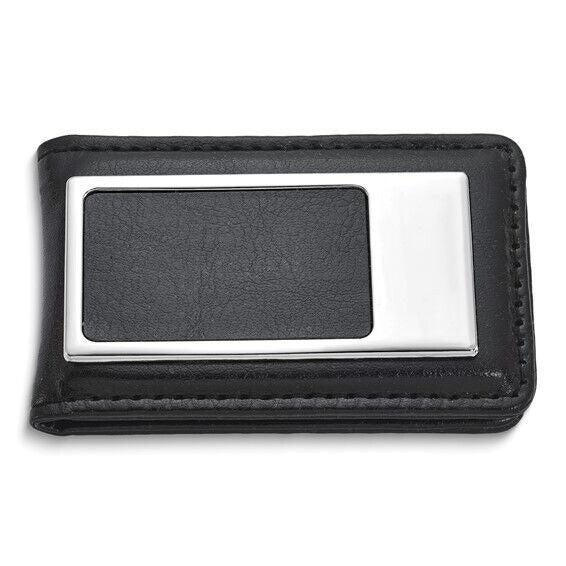 Black Faux Leather Nickel-Plated Magnetic Money Clip Wallet