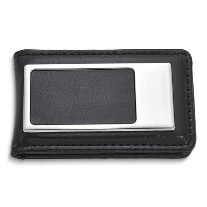 Black Faux Leather Nickel-Plated Magnetic Money Clip Wallet