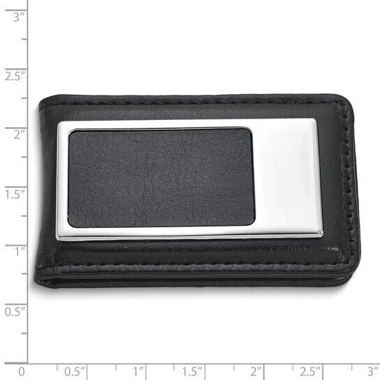 Black Faux Leather Nickel-Plated Magnetic Money Clip Wallet