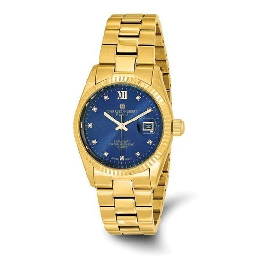 Charles-Hubert Yellow IP-Plated Stainless Steel Quartz Watch With Blue Dial & Date
