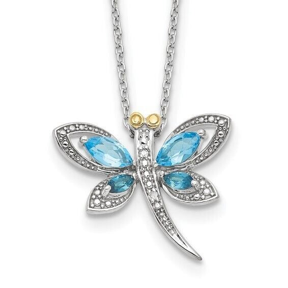 Sterling Silver Birthstone Rhodium Light Blue and London Blue Topaz Dragonfly