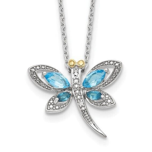 Sterling Silver Birthstone Rhodium Light Blue and London Blue Topaz Dragonfly