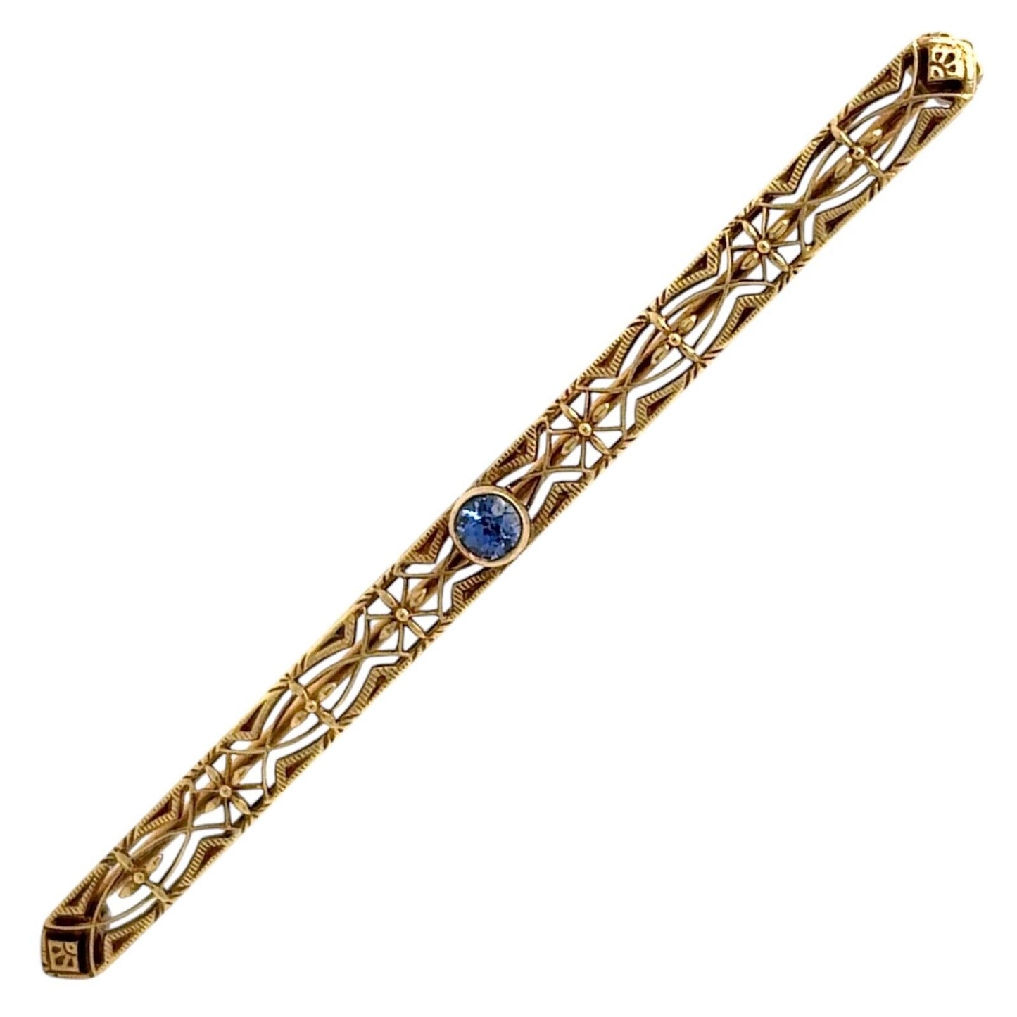 Vintage Blue Topaz Solitaire 14K Yellow Gold Filigree Pin/Brooch 3.7g