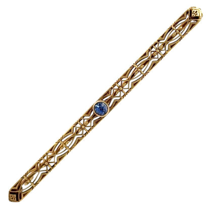 Vintage Blue Topaz Solitaire 14K Yellow Gold Filigree Pin/Brooch 3.7g