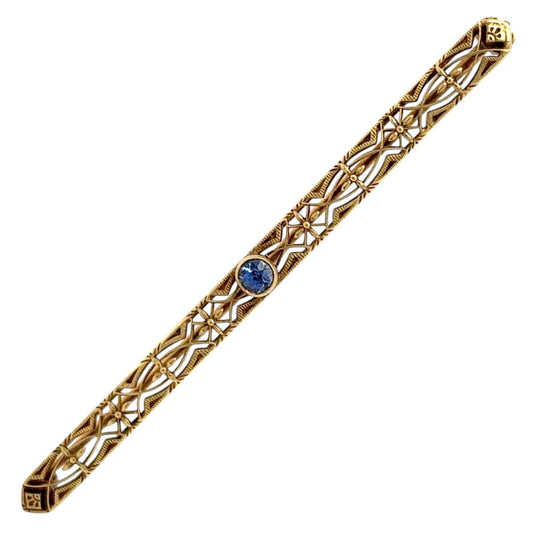 Vintage Blue Topaz Solitaire 14K Yellow Gold Filigree Pin/Brooch 3.7g