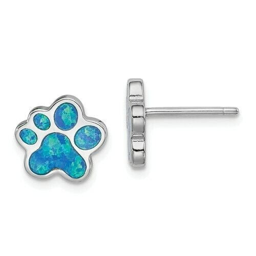 Sterling Silver Rhodium-plated Created Blue Opal Paw Print Post Earrings