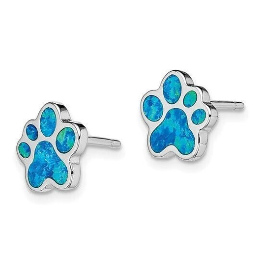 Sterling Silver Rhodium-plated Created Blue Opal Paw Print Post Earrings