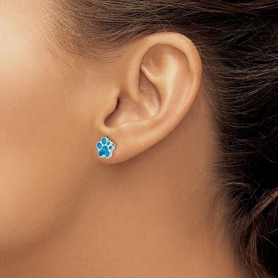 Sterling Silver Rhodium-plated Created Blue Opal Paw Print Post Earrings
