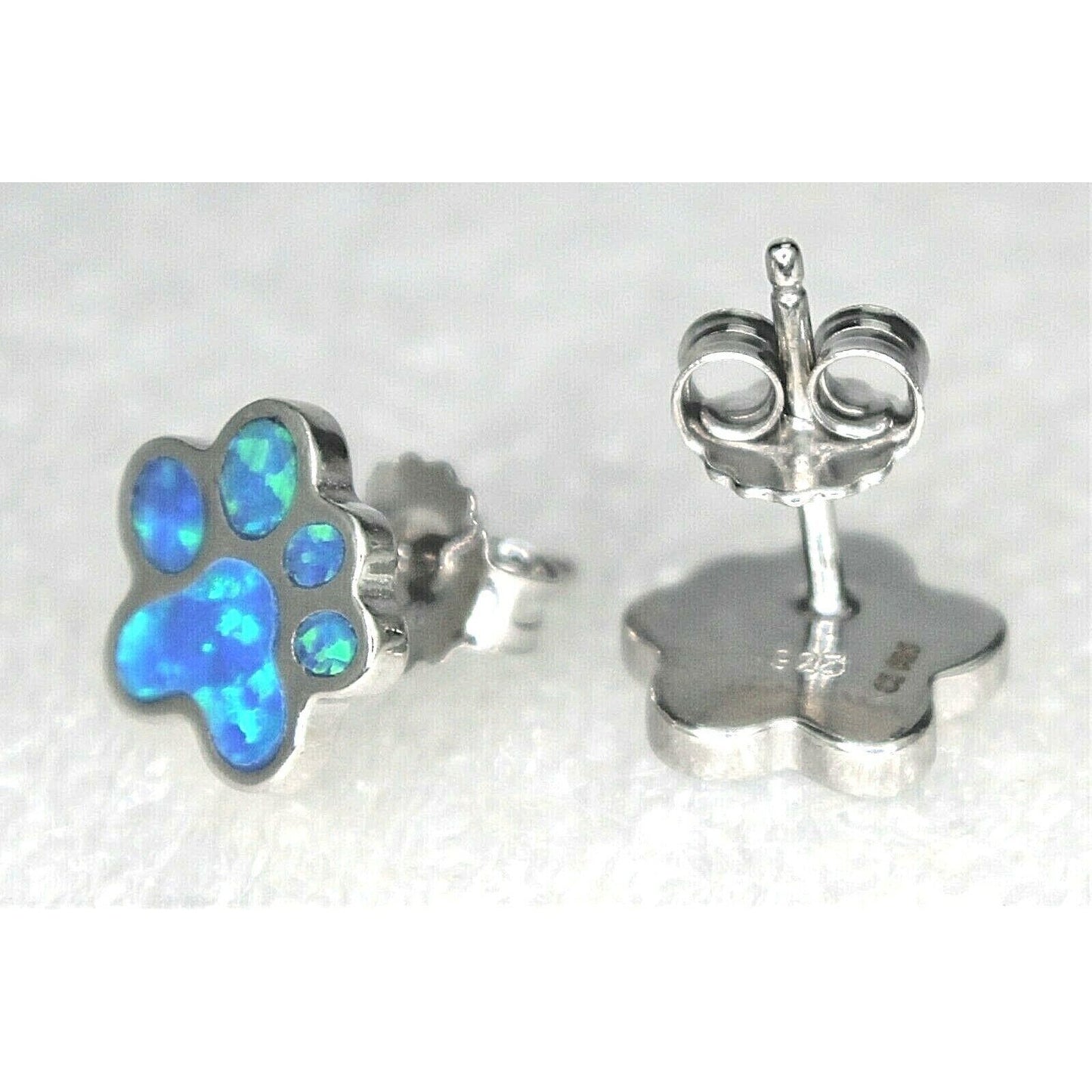 Sterling Silver Rhodium-plated Created Blue Opal Paw Print Post Earrings
