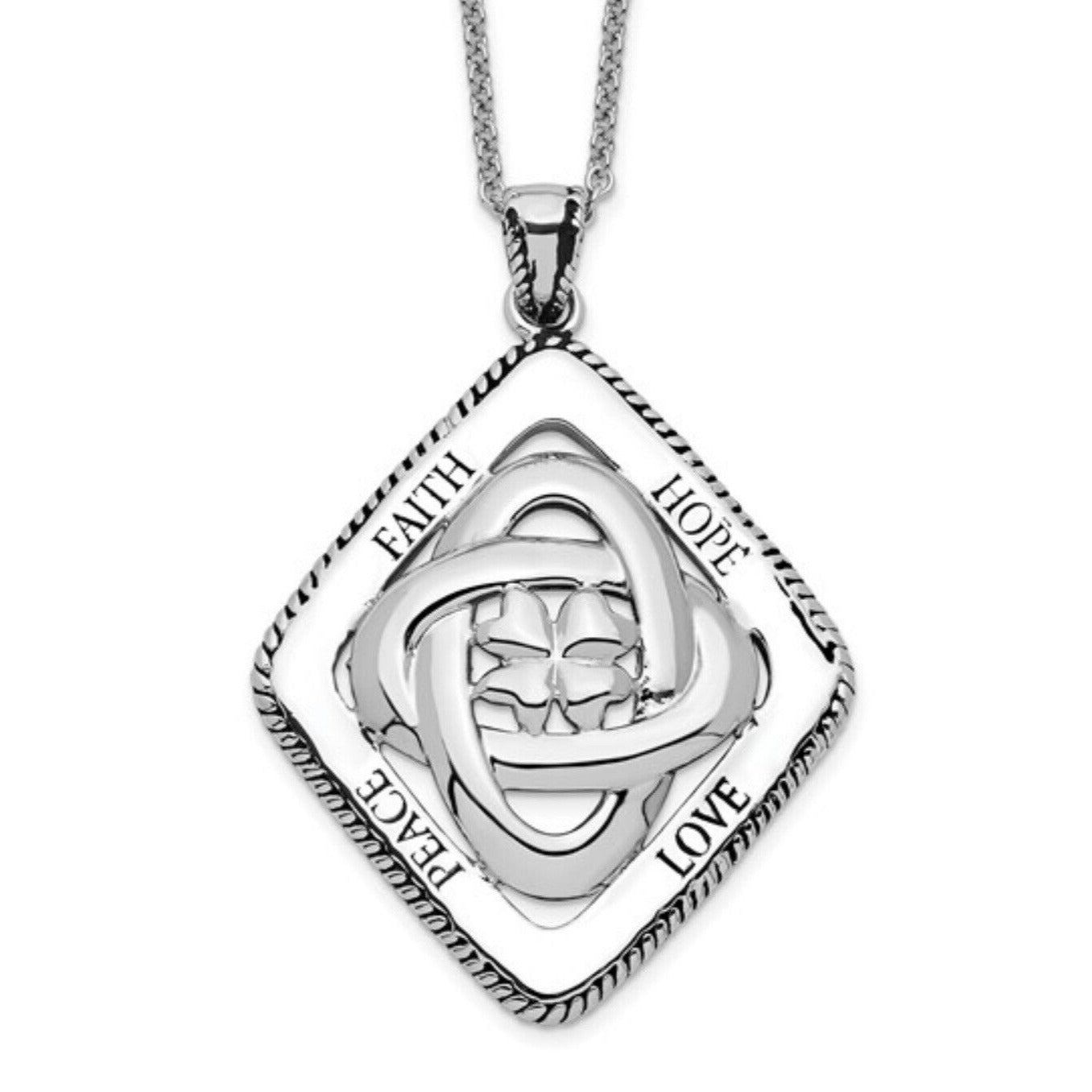Sentimental Expressions Sterling Silver Rhodium-Plated Faith Hope Love Peace Pendant Necklace 18" With Gift Box