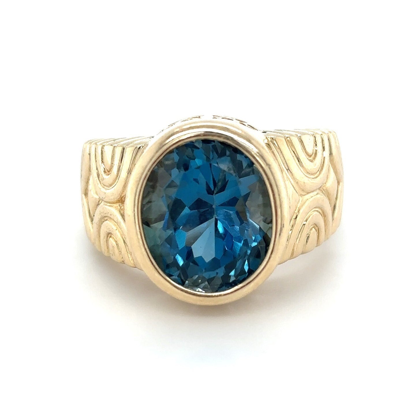 London Blue Topaz 14K Yellow Gold Ring With Intricate Design Size 7 7.7g Elegant Jewelry Piece
