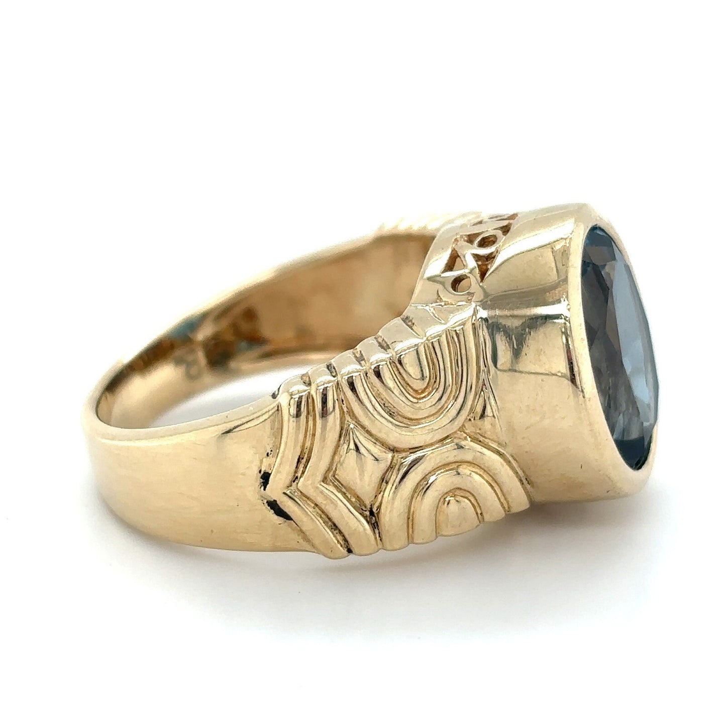 London Blue Topaz 14K Yellow Gold Ring With Intricate Design Size 7 7.7g Elegant Jewelry Piece