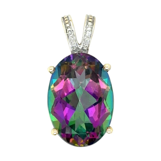 10k Yellow Gold Mystic Topaz Solitaire Oval Pendant Diamond 2.6g