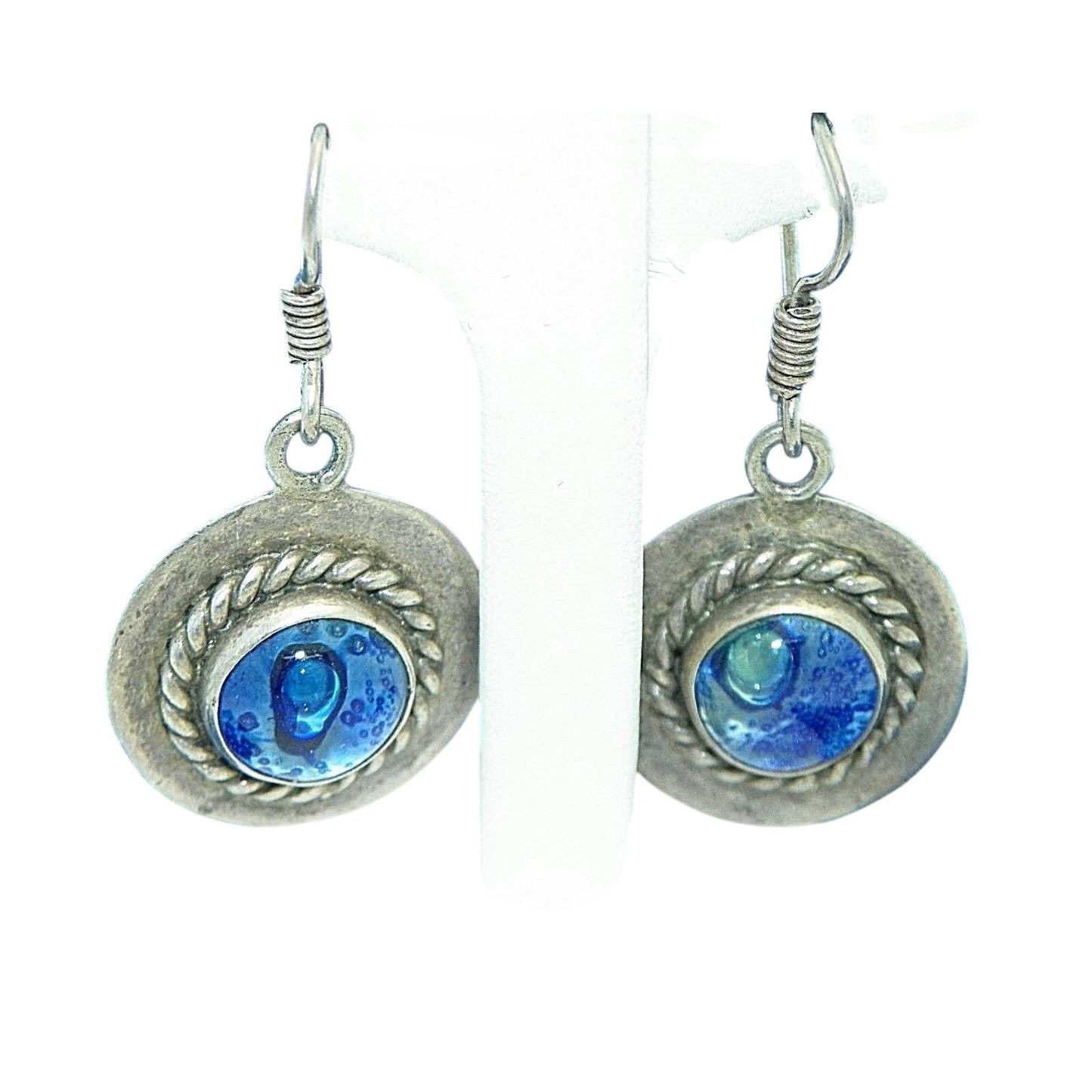 Blue Glass Dangle Earrings .925 Sterling Silver 9.2g