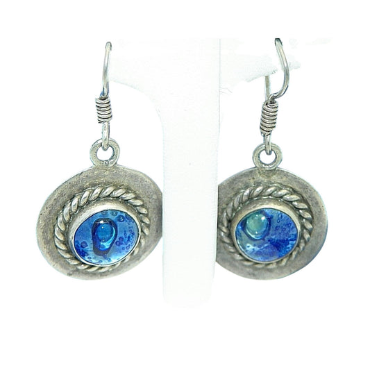 Blue Glass Dangle Earrings .925 Sterling Silver 9.2g