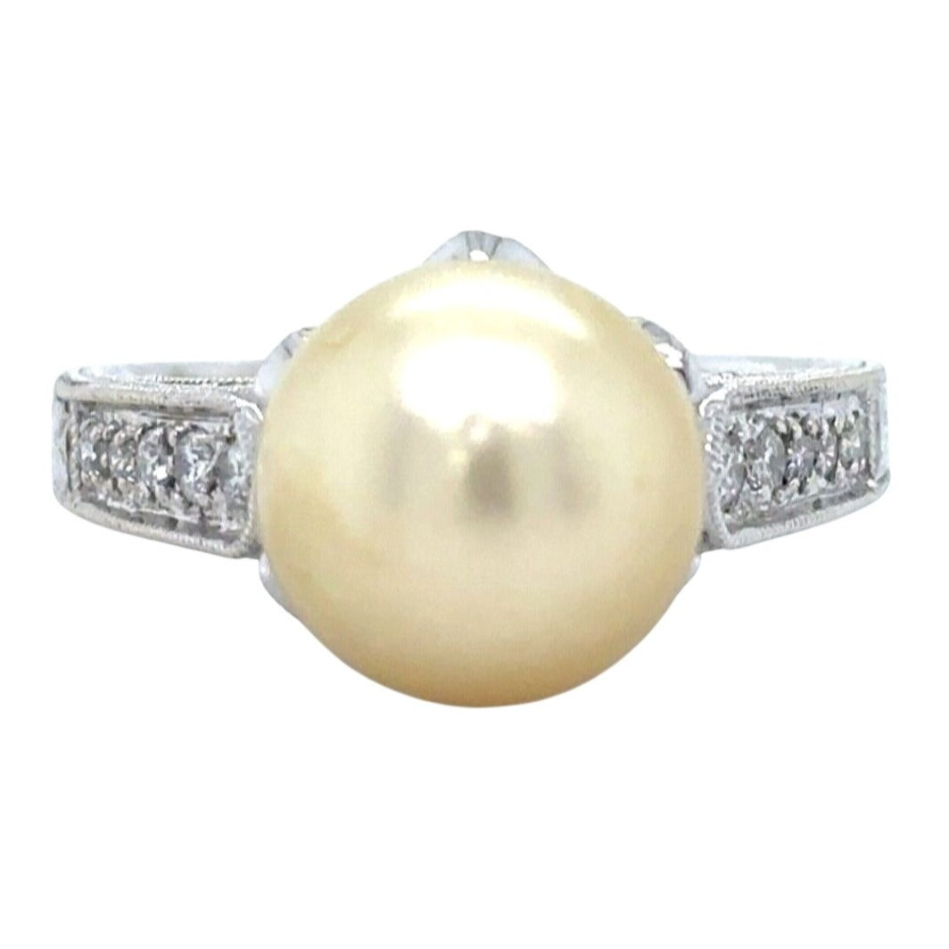 Pearl Solitaire & 1/3ctw Diamond 14k White Gold Ring 6.3g Size 7