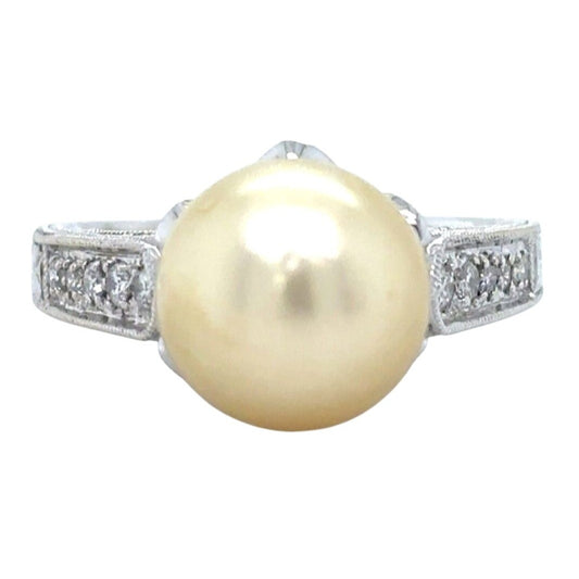 Pearl Solitaire & 1/3ctw Diamond 14k White Gold Ring 6.3g Size 7