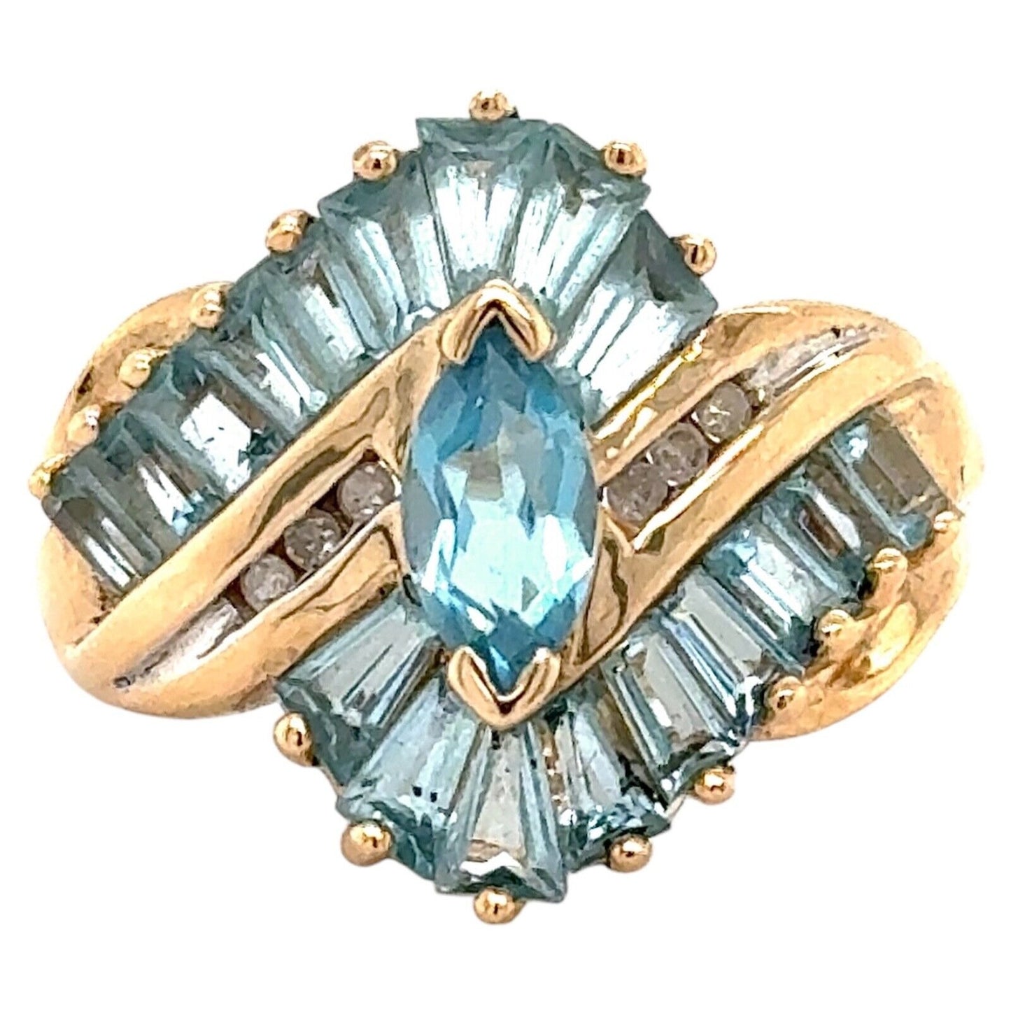 10k Yellow Gold Blue Topaz and Diamond Accented Cocktail Ring 4.7g Size 8