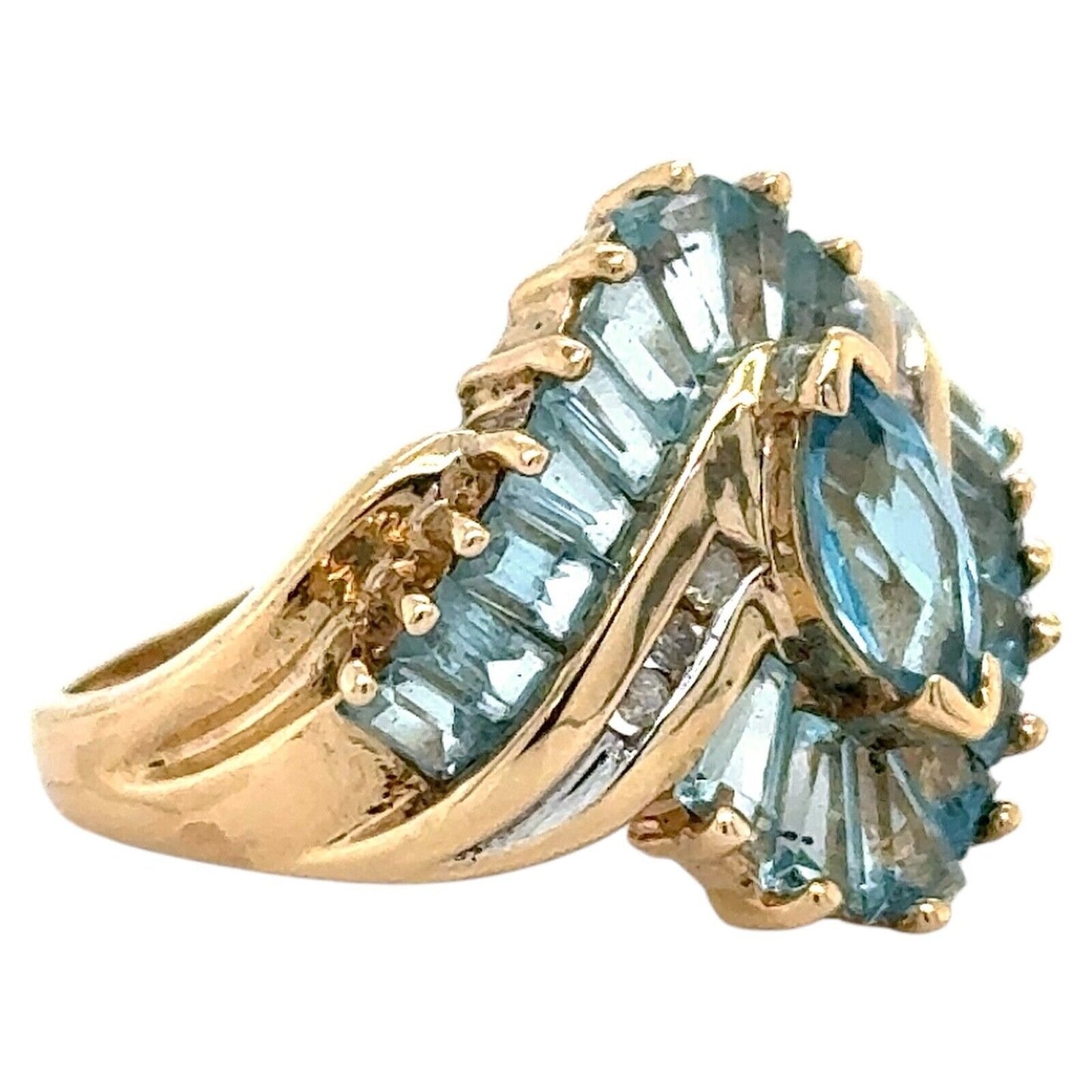 10k Yellow Gold Blue Topaz and Diamond Accented Cocktail Ring 4.7g Size 8