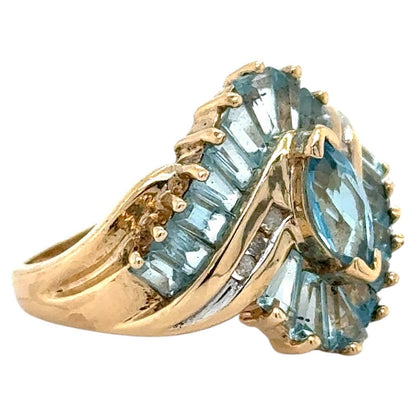 10k Yellow Gold Blue Topaz and Diamond Accented Cocktail Ring 4.7g Size 8