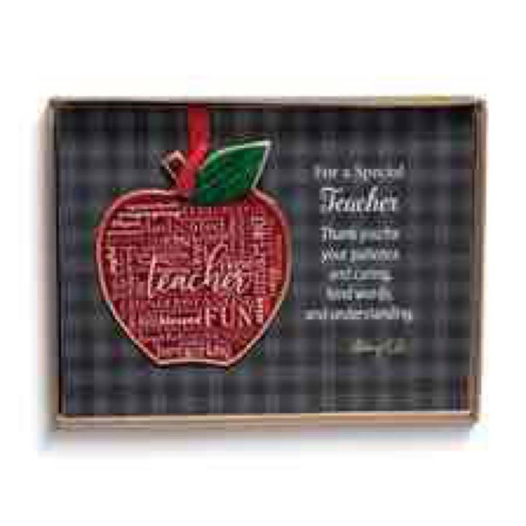 Cathedral Art Gold Teacher Apple Artmetal Ornament With Red Ribbon