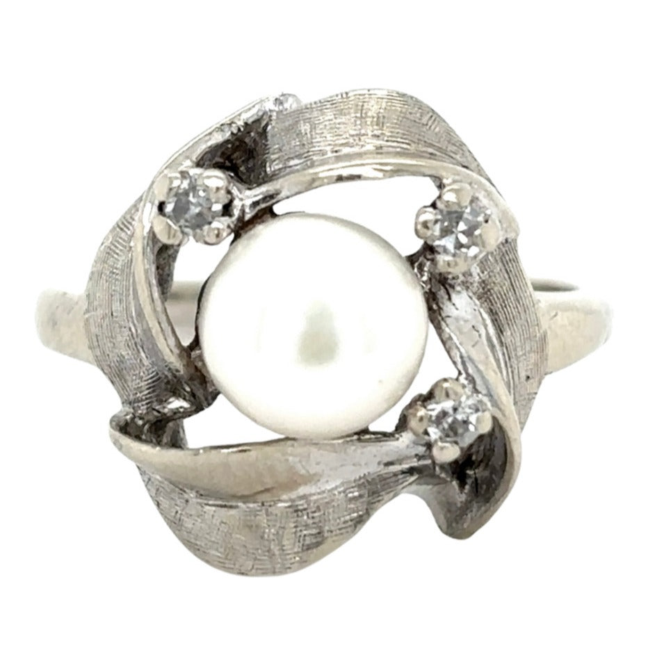 Pearl Solitaire and Diamond Accent 14k White Gold Size 5 Ring 3.9g