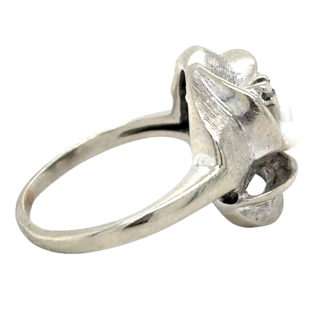 Pearl Solitaire and Diamond Accent 14k White Gold Size 5 Ring 3.9g