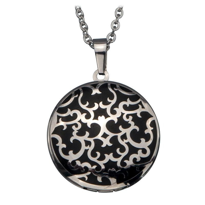 Womens Stainless Steel IP Black Round Locket Pendant With Filigree Design On 16-18 Inch Chain