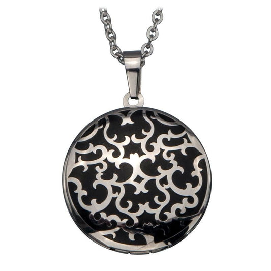 Womens Stainless Steel IP Black Round Locket Pendant With Filigree Design On 16-18 Inch Chain