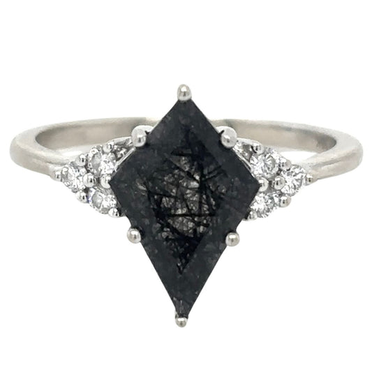 Rutilated Quartz & Diamonds 18k White Gold Ring 2.7g Size 6.5