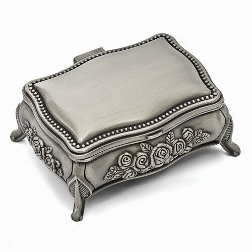 Pewter-Tone Rose Jewelry Box With Hinged Lid & Black Velvet Lining