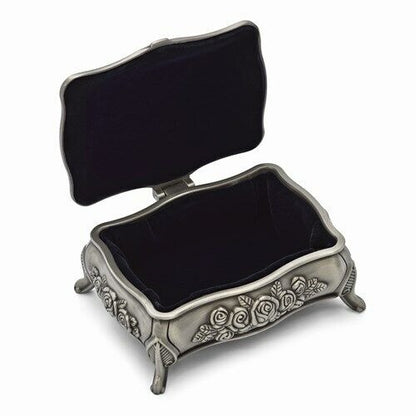 Pewter-Tone Rose Jewelry Box With Hinged Lid & Black Velvet Lining