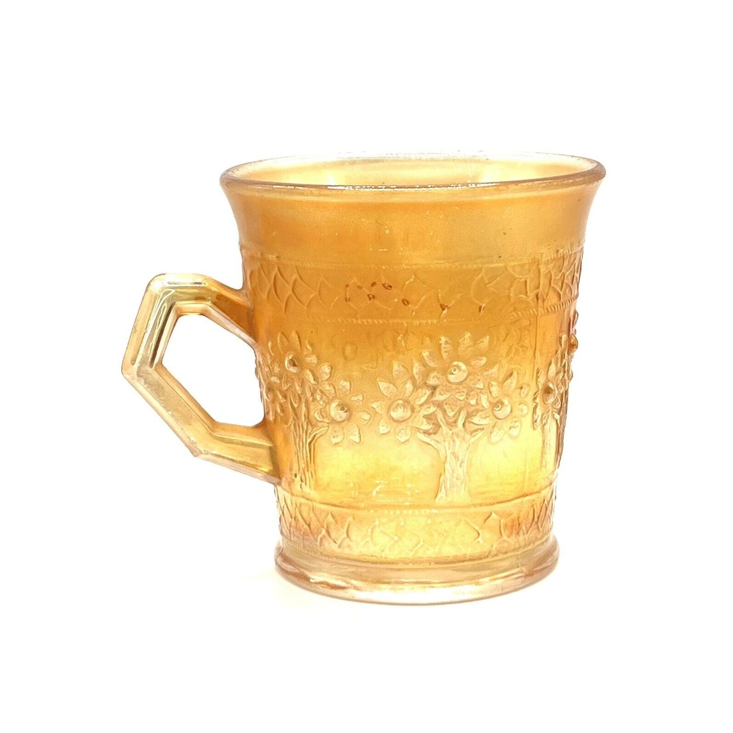 Vintage Carnival Glass Cup Iridescent Marigold Apple Flower Tree Pattern
