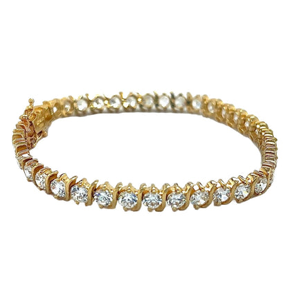 14K Yellow Gold 7" Tennis Bracelet With Round Cubic Zirconia Gemstones 15.4g