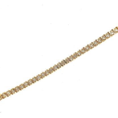 14K Yellow Gold 7" Tennis Bracelet With Round Cubic Zirconia Gemstones 15.4g