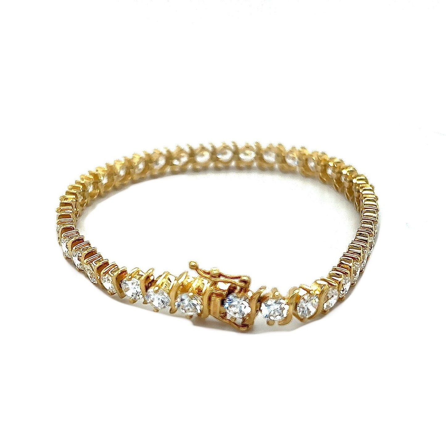 14K Yellow Gold 7" Tennis Bracelet With Round Cubic Zirconia Gemstones 15.4g