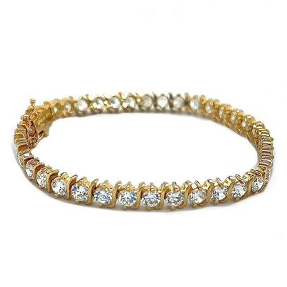 14K Yellow Gold 7" Tennis Bracelet With Round Cubic Zirconia Gemstones 15.4g