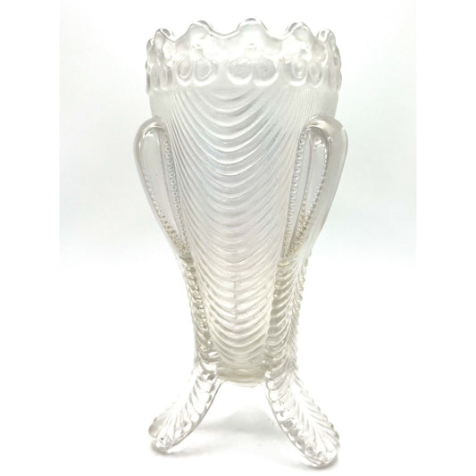 Vintage Carnival Glass Clear Iridescent Vase With Scalloped Rim & Intricate Swirl Design