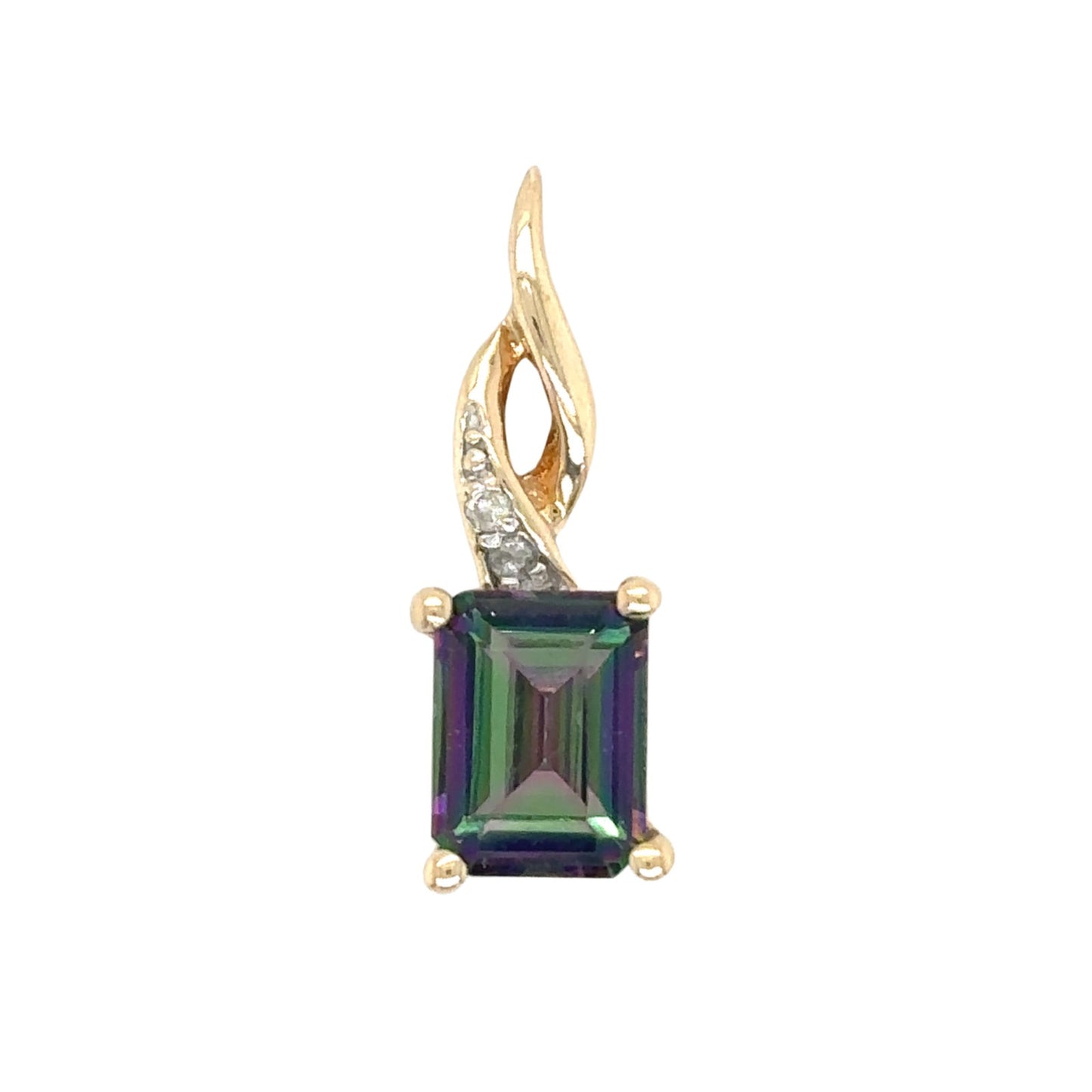 10k Yellow Gold Solitaire Mystic Topaz and Diamond Accented Pedant 1.8 g