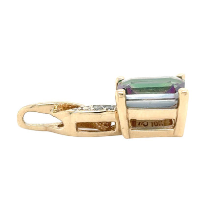 10k Yellow Gold Solitaire Mystic Topaz and Diamond Accented Pedant 1.8 g