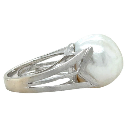 Large 15mm Baroque Pearl Ring 18K White Gold 13.4g Size 7