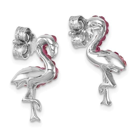 Pink Crystal Flamingo Stud Earrings Sterling Silver Rhodium Plated 925