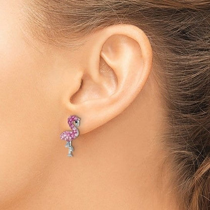 Pink Crystal Flamingo Stud Earrings Sterling Silver Rhodium Plated 925