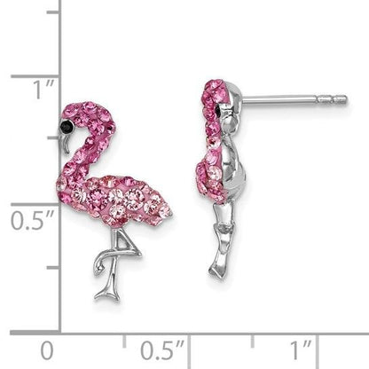Pink Crystal Flamingo Stud Earrings Sterling Silver Rhodium Plated 925