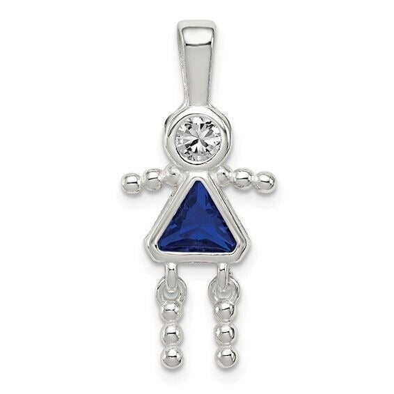 Sterling Silver Rhodium CZ and Birthstone Blue September Glass Girl Pendant