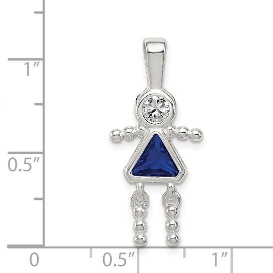 Sterling Silver Rhodium CZ and Birthstone Blue September Glass Girl Pendant