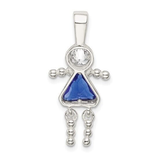 Sterling Silver Rhodium CZ and Birthstone Blue September Glass Girl Pendant